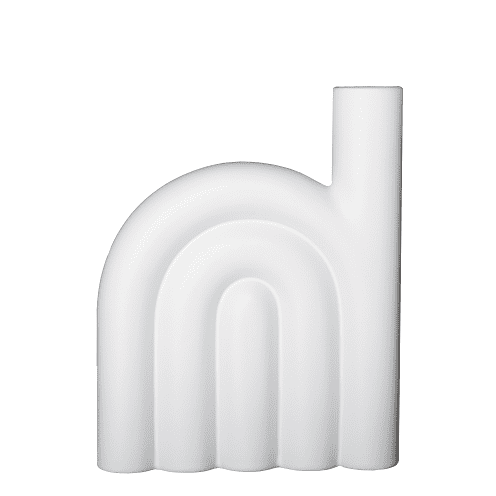 The ROPE - White - L is a modern ceramic vase with three rounded arches and a vertical cylindrical opening on the right, exemplifying smooth Estonian design—a striking addition to any gift shop or concept store. Gate21.ee