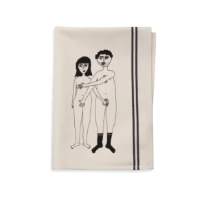 The Couple Tea Towel &ndash; Front is a beige kitchen towel with curated Estonian design, showing two nude figures&mdash;one shielding both&mdash;plus two thin black stripes along the right edge, adding a unique touch to modern kitchens. Gate21.ee