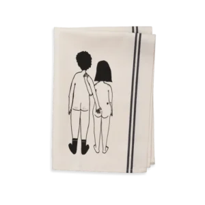 The Couple Tea Towel &ndash; Front is a folded white tea towel with black stripes and a minimalist black line drawing of two nude people, reflecting unique Estonian design&mdash;ideal for Tallinn shopping enthusiasts. Gate21.ee