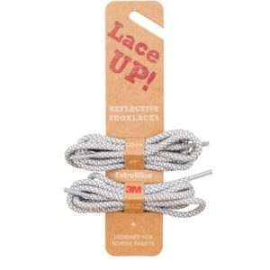 A curated package labelled Lace Up! Reflective Shoelaces displays two coiled silver and white shoelaces with a 3M logo, highlighting their 48-inch length and design for nighttime visibility—perfect for discovering unique ideas during Tallinn shopping trips. Gate21.ee