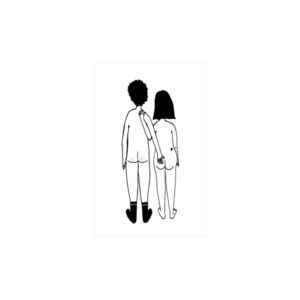Couple A4 - Front: A curated black and white line drawing of two nude figures—one with short curly hair, one with medium-length straight hair—standing side by side, holding hands; the right figure's hand rests on the other's buttocks. Gate21.ee