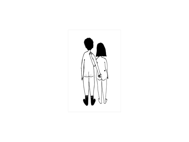 Couple A4 - Front: A curated black and white line drawing of two nude figures—one with short curly hair, one with medium-length straight hair—standing side by side, holding hands; the right figure's hand rests on the other's buttocks. Gate21.ee