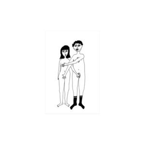 A black and white line drawing titled "Couple A4 - Front" features a naked man and woman side by side; in Estonian style, the man wears socks and covers the woman's chest and groin with his arms, highlighting unique, curated design. Gate21.ee