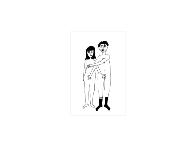 A black and white line drawing titled "Couple A4 - Front" features a naked man and woman side by side; in Estonian style, the man wears socks and covers the woman's chest and groin with his arms, highlighting unique, curated design. Gate21.ee