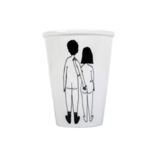 The Couple Cup - Back is a white ceramic mug with an Estonian design: a black line drawing of a naked man and woman holding hands, centred on the mug. A distinctive Tallinn shopping idea, shown against a plain white background. Gate21.ee