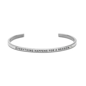 A silver cuff bangle with the engraved text EVERYTHING HAPPENS FOR A REASON and a small round stone accent near the end, curated for our gift shop and inspired by timeless Estonian design. Gate21.ee