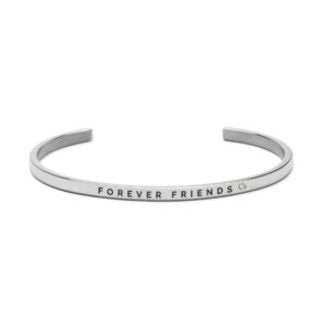 Forever Friends: a silver open bangle bracelet engraved with FOREVER FRIENDS and accented by a small round gemstone—an ideal choice for those seeking unique jewellery pieces while shopping in Tallinn or exploring concept shops. Gate21.ee