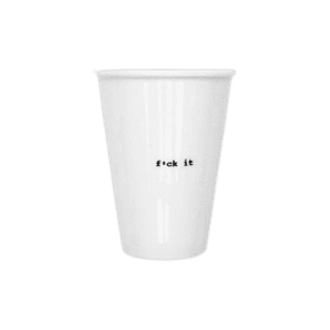 The F*ck it Cup is a plain white ceramic mug featuring "f*ck it" printed in small, black, lowercase letters&mdash;a quirky piece reflecting the playful spirit of Estonian design. Gate21.ee