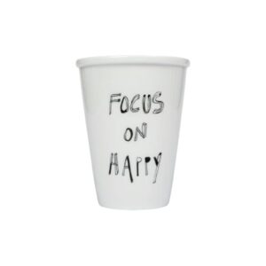 A white mug with the phrase FOCUS ON HAPPY in black, hand-drawn style letters on the front, showcasing unique Estonian design—perfect for anyone searching for Tallinn shopping inspiration or a special find from a local gift shop. Gate21.ee