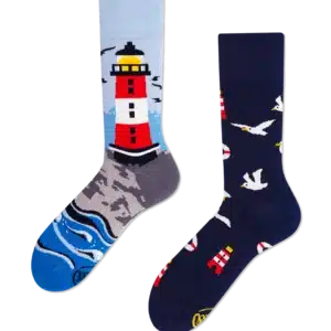 Nordic Lighthouse: A pair of mismatched socks—one with a red and white lighthouse and waves, the other with seagulls and lighthouses. A unique Tallinn shopping shop find, perfect for gift shop lovers. Gate21.ee