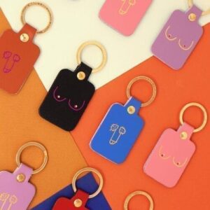 A flat lay of luggage tags in various colours, each with simple line drawings of breasts or penises, arranged on a geometric, multicoloured background—perfect for unique ideas or as a standout piece in any gift shop. Gate21.ee