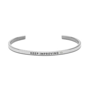 Keep Improving—our silver open cuff bracelet engraved with “KEEP IMPROVING” and a small round decorative stone. An inspiring and thoughtfully designed accessory from our concept shop. Gate21.ee