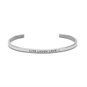 The Live Laugh Love silver cuff bracelet features an engraved message and a small round gem, making it an elegant gift shop find for style lovers. Presented against a white background. Gate21.ee