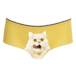 Curated yellow knickers with black lace trim showcase a playful white, long-haired cat print at the front—perfect for adding whimsy to your collection or as a quirky find from a Tallinn shopping gift shop. Gate21.ee