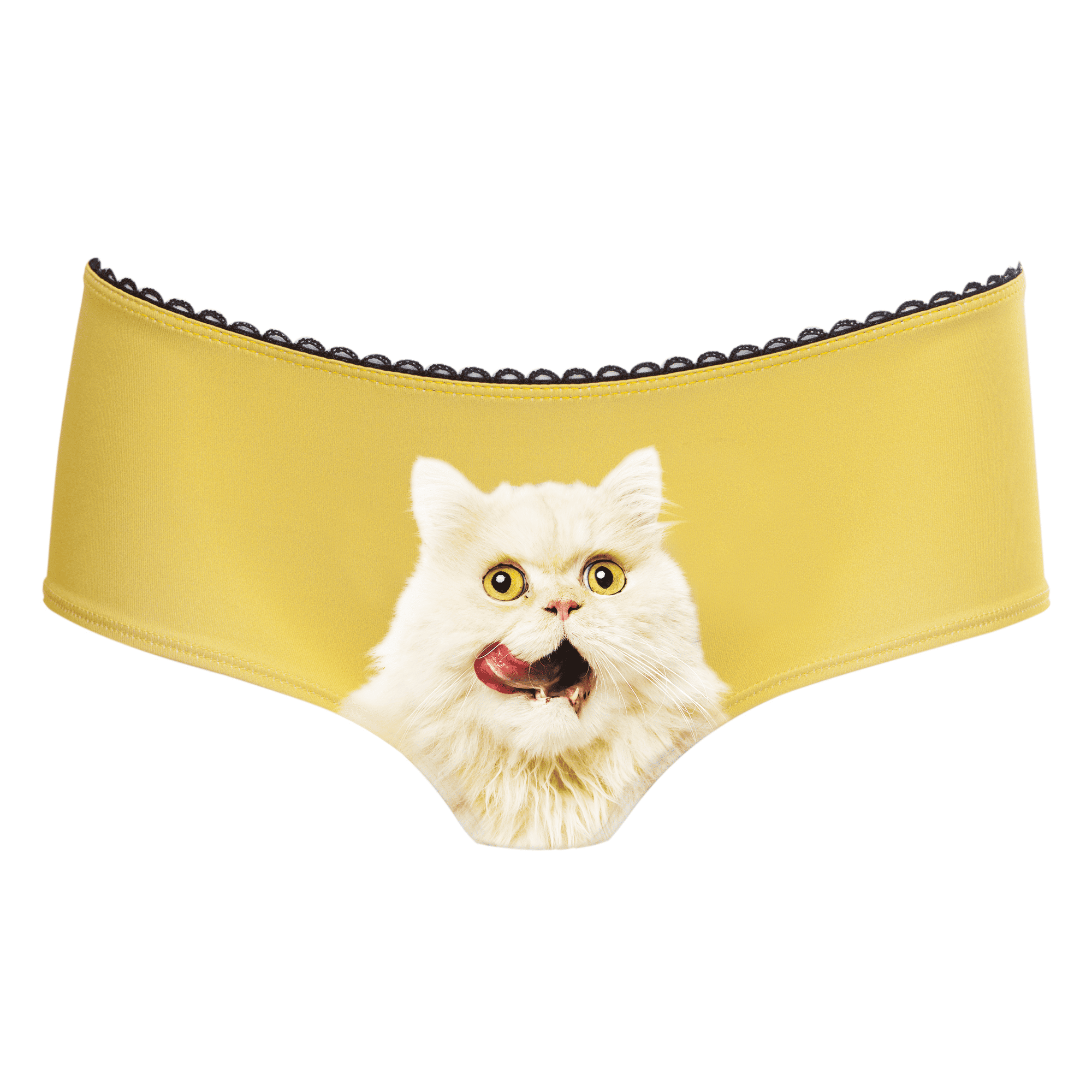Curated yellow knickers with black lace trim showcase a playful white, long-haired cat print at the front—perfect for adding whimsy to your collection or as a quirky find from a Tallinn shopping gift shop. Gate21.ee