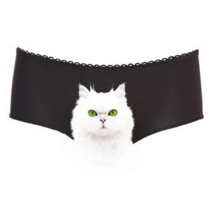 White Cat Knickers: Black women’s underwear with a central print of a white long-haired cat with green eyes—ideal for unique finds while shopping in Tallinn or browsing quirky gift shops. Gate21.ee
