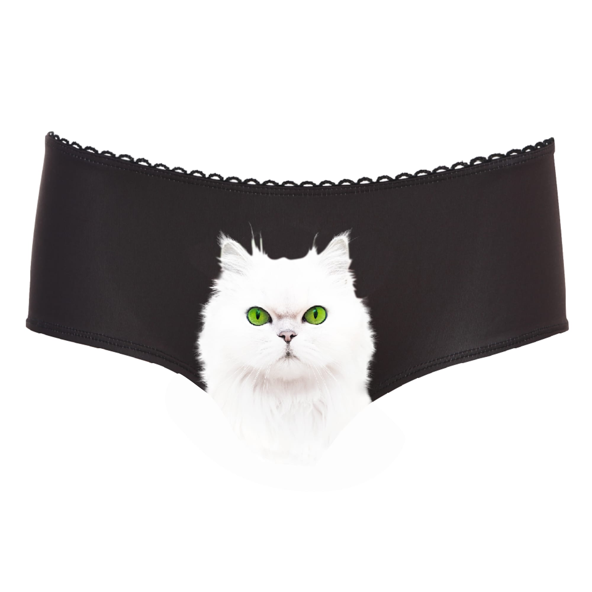 White Cat Knickers: Black women’s underwear with a central print of a white long-haired cat with green eyes—ideal for unique finds while shopping in Tallinn or browsing quirky gift shops. Gate21.ee
