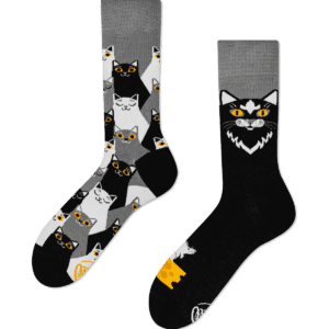 Nordic Lighthouse: A unique pair of mismatched socks—one with grey, black, and white cat faces with yellow eyes; the other showing a black cat face, white mouse, and yellow cheese—from a curated gift shop. Gate21.ee