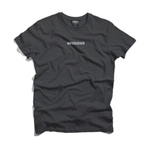A plain black T-shirt lies flat on a white background with the phrase NOFUCKSGIVEN printed in small white capital letters across the chest—a bold Estonian design perfect for concept store lovers seeking unique ideas. Gate21.ee