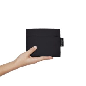 A left hand holds "Black," a closed black wallet-style item, against a white background. A small tag with “andaleep” in white text highlights its sleek Estonian design—ideal for concept shops or gift shops. Gate21.ee