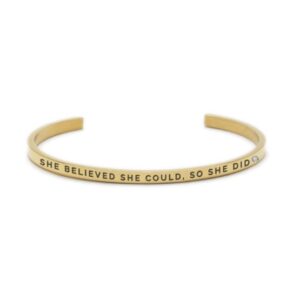 The “She believed She could so She did” gold cuff bracelet from our curated gift shop features this inspiring engraving and a small round gem accent at one end. Gate21.ee
