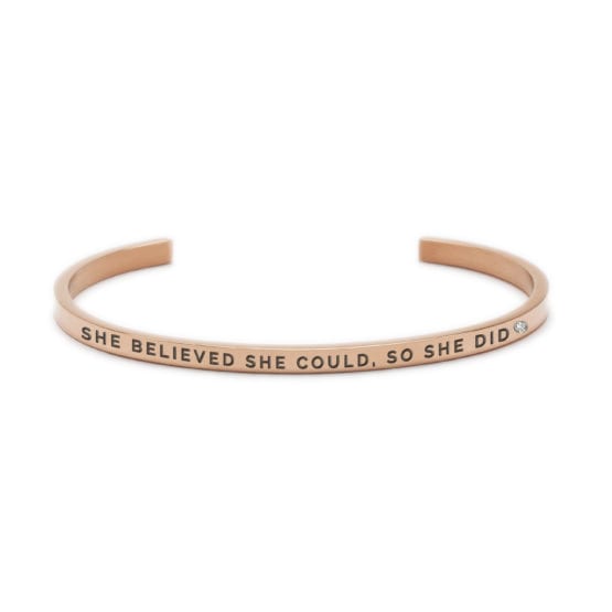 Discover the "She believed She could so She did" slim rose gold cuff bracelet, featuring an inspiring engraved message and a small round gem—an ideal choice from a curated concept shop for your Tallinn shopping adventure. Gate21.ee
