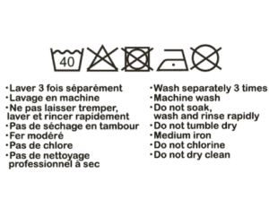 Washing instruction symbols with French and English text: Wash separately 3 times, machine wash at 40°C, no chlorine. Curated for a gift shop celebrating Estonian design—your textile care made simple and stylish. Gate21.ee