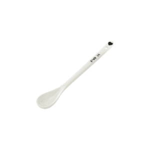 The F*ck it Spoon is a white ceramic spoon with a long handle featuring printed text and a small round hole at the end, photographed on a plain white background&mdash;perfect for curated concept shop collections. Gate21.ee