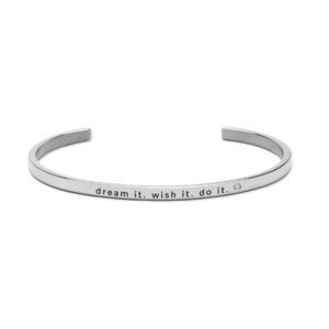 The "Dream it - Wish it - Do it" silver cuff bracelet from a curated Tallinn gift shop features an inspiring engraved message and a small circular accent near the end. Gate21.ee