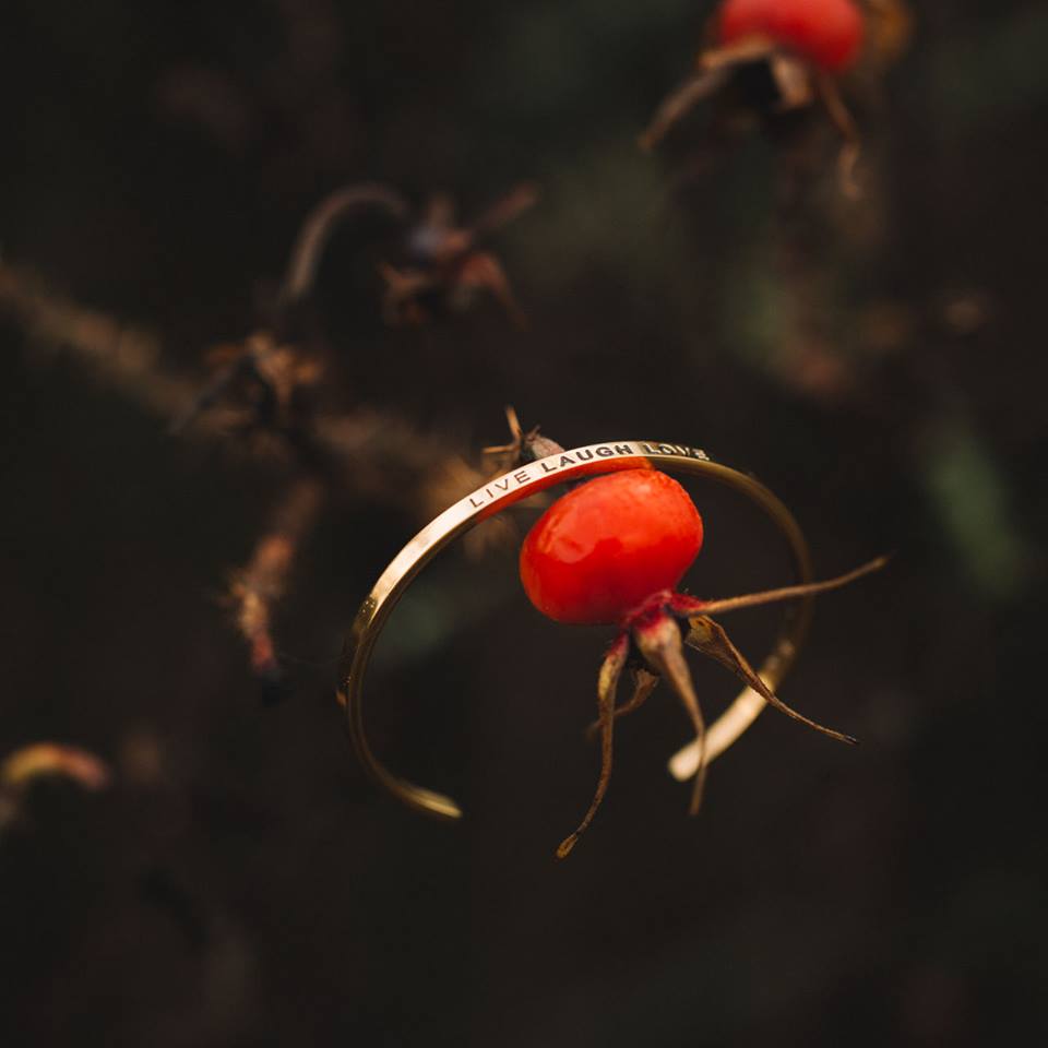 A gold bracelet named Live Laugh Love hangs from a rose hip stem against a dark, blurred background—a charming choice for anyone seeking unique Tallinn shopping ideas. Gate21.ee