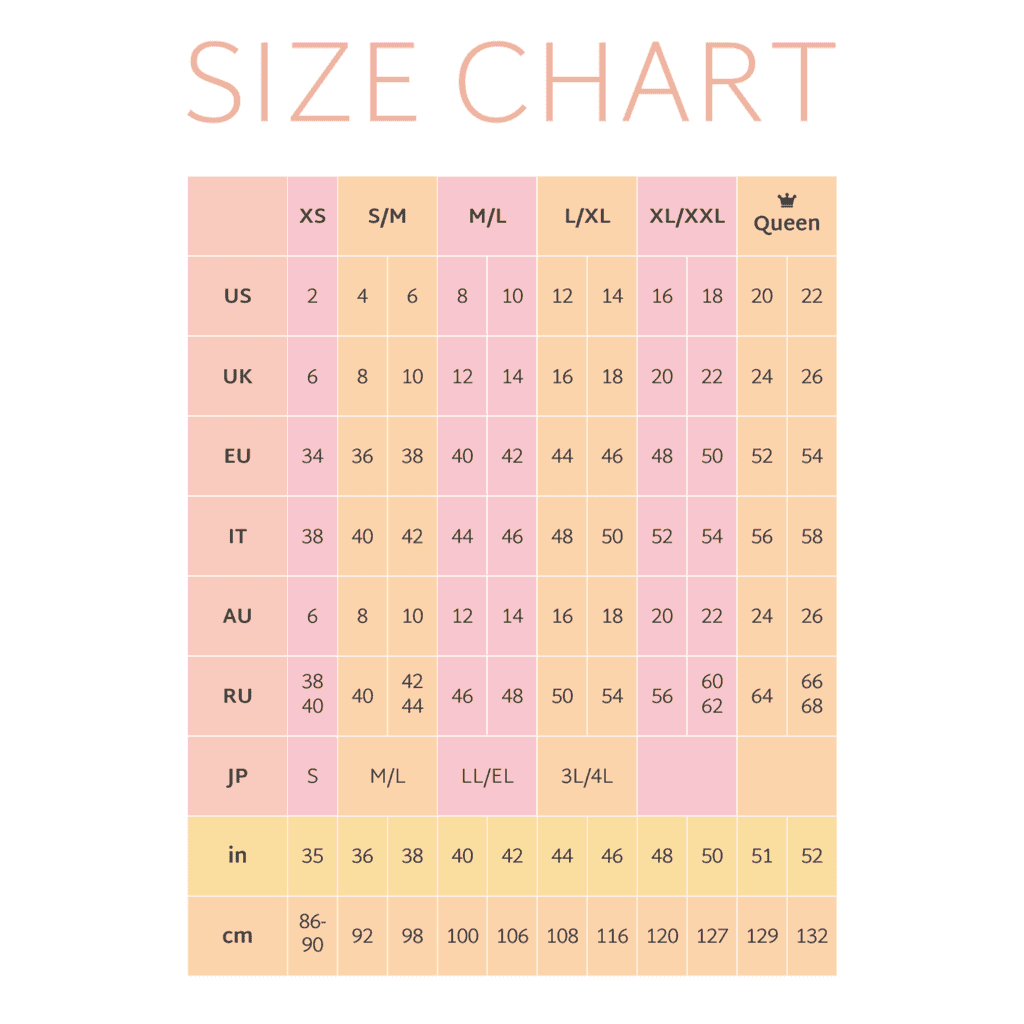 A size chart for Winky Winky Cat Knickers shows women’s sizes (US, UK, EU, IT, AU, RU, JP) and measurements in inches/cm. Sizes run from XS to Queen. Each cell features a distinct pink or yellow shade for easy reference. Gate21.ee