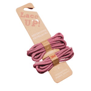 Reflective Pink Laces - Extrawize come on a brown cardboard holder labelled 120cm/49in, ideal for gift shops or concept stores, with an Estonian design crafted for Nordic Nights. Gate21.ee