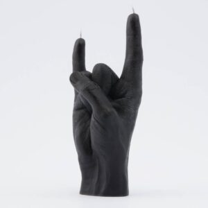 Let’s Rock – Black is a candle shaped like a hand making the rock on gesture, with two wicks on the raised fingers. This unique Estonian design stands out as a bold, giftable piece for concept stores or gift shops. Gate21.ee