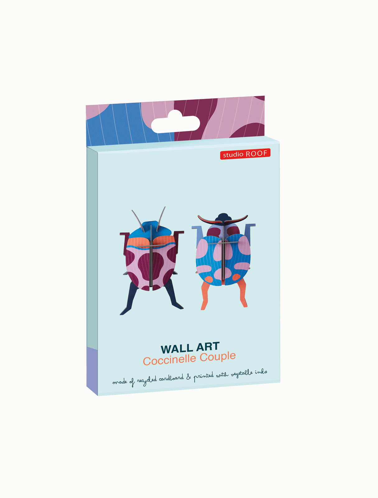 A rectangular box labelled Coccinelle Couple features two colourful beetle illustrations. This Estonian design is made from recycled cardboard and printed with vegetable inks—ideal for concept stores or gift shops. Gate21.ee