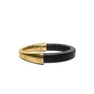 The ERER - Gold - Asymmetrical Bracelet features a black leather band and a gold-toned hook clasp, designed for modern concept shops and photographed on a white background. Gate21.ee
