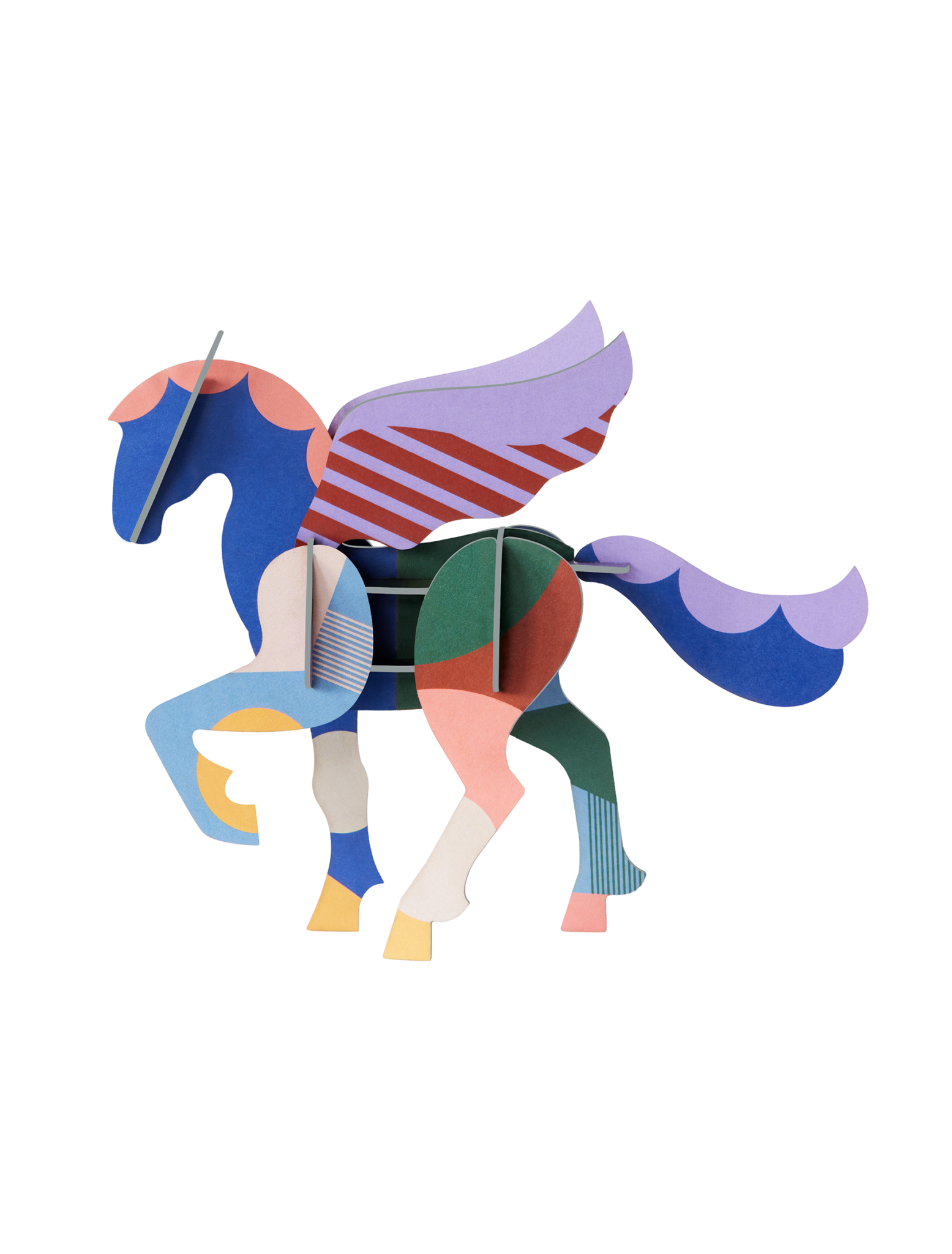 Adventurous Pegasus is a multicoloured paper sculpture of a winged horse, crafted from flat interlocking pieces in red, blue, purple, pink, green, and yellow—ideal for curated gift shops or concept stores. Transparent background. Gate21.ee