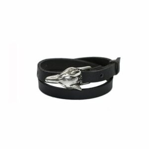 The ERER Wolf Bracelet - Silver, a stylish black leather wrap bracelet with a silver wolf-head clasp, is a unique Tallinn shopping find. Gate21.ee