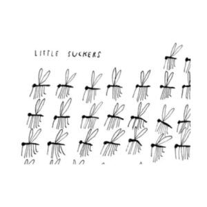 A simple black-and-white illustration shows rows of hand-drawn mosquitoes with the words LITTLE SUCKERS above them. Featuring Estonian design, the mosquitoes are lined up in a grid pattern&mdash;a fun piece for anyone seeking unique ideas. Gate21.ee