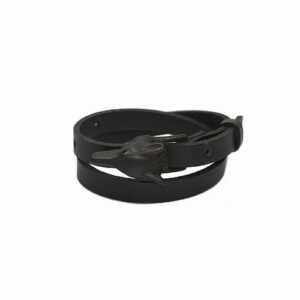 The ERER Wolf Bracelet - Silver features black leather and a silver wolf-head clasp, coiled elegantly on a white background—a striking piece of Estonian design ideal for modern concept shops. Gate21.ee