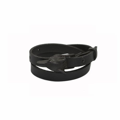 The ERER Wolf Bracelet - Silver features black leather and a silver wolf-head clasp, coiled elegantly on a white background—a striking piece of Estonian design ideal for modern concept shops. Gate21.ee