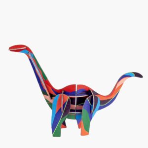 Diplodocus is a vibrant 3D puzzle model inspired by Estonian design, featuring interlocking red, blue, green, orange, and purple flat pieces that form a long-necked dinosaur—a striking sauropod for display. Gate21.ee