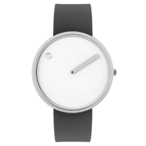 The White / Silver / 40mm is a minimalist wristwatch inspired by Estonian design, with a plain white face, single thick grey hand, small circular marker, silver bezel, and black strap, displayed on a white background. Gate21.ee