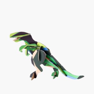 The T-Rex is a colourful origami dinosaur in green, blue, and brown, standing on four legs with its tail extended—a playful piece inspired by curated Estonian design, shown against a plain white background. Gate21.ee