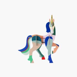 Mysterious Unicorn: A vibrant, abstract illustration inspired by Estonian design, featuring geometric shapes and bold blocks of blue, green, red, and beige. The unicorn archer draws a bow on a plain white background. Gate21.ee
