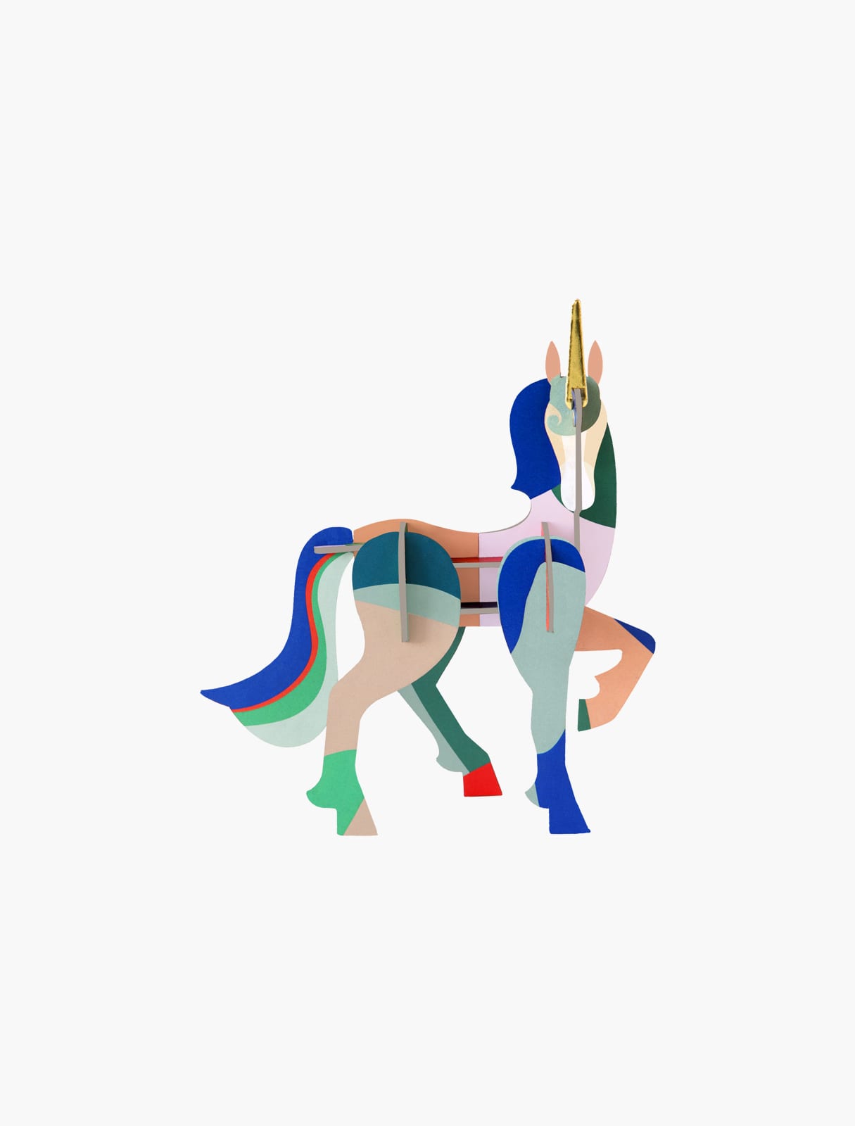 Mysterious Unicorn: A vibrant, abstract illustration inspired by Estonian design, featuring geometric shapes and bold blocks of blue, green, red, and beige. The unicorn archer draws a bow on a plain white background. Gate21.ee
