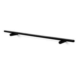 The Georg Rack - L is a black, wall-mounted horizontal metal towel rail with two round brackets, inspired by Estonian design—ideal for bringing unique style to your concept shop. Isolated on a white background. Gate21.ee