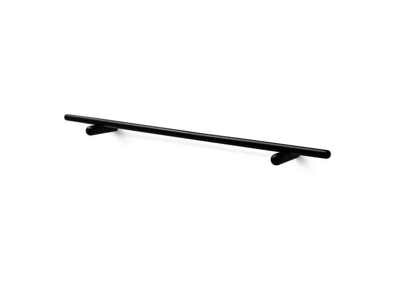 The Georg Rack - L is a black, wall-mounted horizontal metal towel rail with two round brackets, inspired by Estonian design—ideal for bringing unique style to your concept shop. Isolated on a white background. Gate21.ee