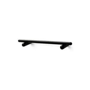 The Georg Rack - L is a black, minimalist wall-mounted towel rail with two cylindrical supports, ideal for curated spaces or concept shops seeking modern design inspiration. Gate21.ee