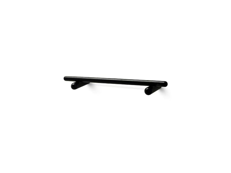 The Georg Rack - L is a black, minimalist wall-mounted towel rail with two cylindrical supports, ideal for curated spaces or concept shops seeking modern design inspiration. Gate21.ee