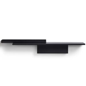 The Duplex Shelf is a minimalist black wall shelf with two rectangular surfaces at different heights and a vertical support, inspired by Estonian design—an ideal accent for any concept shop or Tallinn shopping destination. Gate21.ee